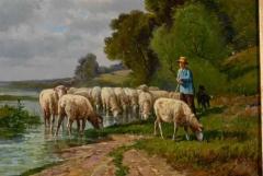 French Barbizon Painting of a Shepherd with His Herd of Sheep Late 19th Century - 3415379