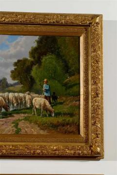 French Barbizon Painting of a Shepherd with His Herd of Sheep Late 19th Century - 3415391