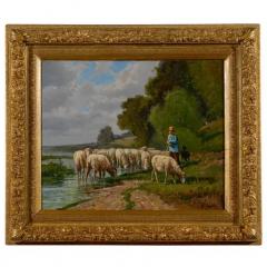 French Barbizon Painting of a Shepherd with His Herd of Sheep Late 19th Century - 3415487