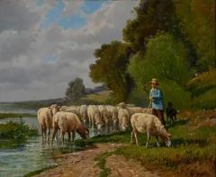 French Barbizon Painting of a Shepherd with His Herd of Sheep Late 19th Century - 3430425