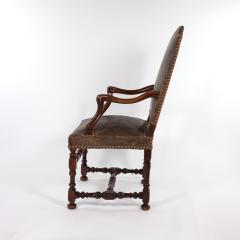 French Baroque Style Walnut Fauteuil Upholstered In Embossed Leather Circa 1800 - 3054249