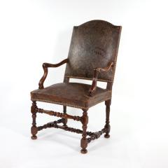 French Baroque Style Walnut Fauteuil Upholstered In Embossed Leather Circa 1800 - 3054252