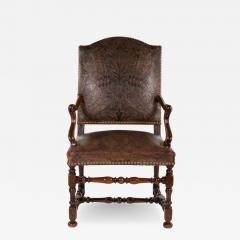 French Baroque Style Walnut Fauteuil Upholstered In Embossed Leather Circa 1800 - 3056755