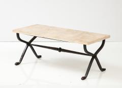 French Bronze Thick Travertine Top Coffee Table France 1940s - 3289309