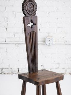 French Brutalist Carved Sun Face Stool France Circa 1950s - 4565568
