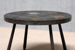 French Brutalist Round Side Table in Wrought Iron and Slate 1970s - 4563480