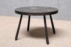 French Brutalist Round Side Table in Wrought Iron and Slate 1970s - 4563481