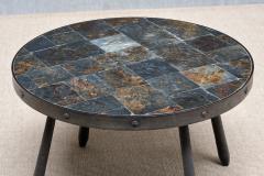 French Brutalist Round Side Table in Wrought Iron and Slate 1970s - 4563482