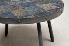 French Brutalist Round Side Table in Wrought Iron and Slate 1970s - 4563483