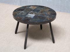 French Brutalist Round Side Table in Wrought Iron and Slate 1970s - 4563488