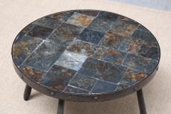 French Brutalist Round Side Table in Wrought Iron and Slate 1970s - 4563489