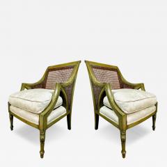 French Caned Painted Bergere Chairs Louis XVI Style Loose Seat Cushions Pair - 4120124