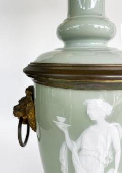 French Celadon P te sur p te Porcelain Lamps with Custom Shantung Silk Shades PR - 4571954