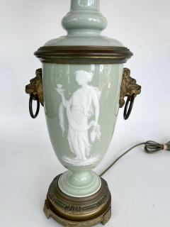 French Celadon P te sur p te Porcelain Lamps with Custom Shantung Silk Shades PR - 4571957