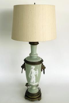 French Celadon P te sur p te Porcelain Lamps with Custom Shantung Silk Shades PR - 4571961