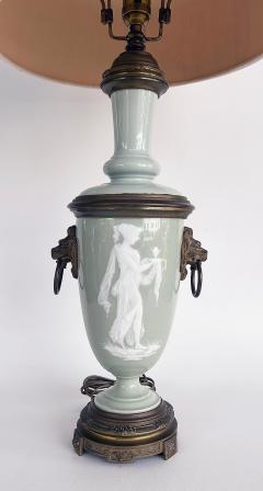 French Celadon P te sur p te Porcelain Lamps with Custom Shantung Silk Shades PR - 4571964
