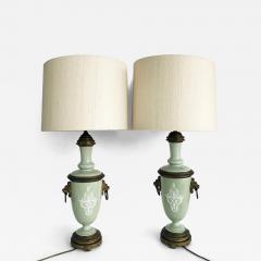 French Celadon P te sur p te Porcelain Lamps with Custom Shantung Silk Shades PR - 4574240