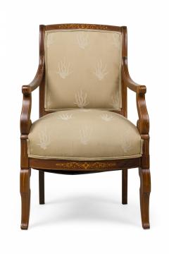 French Charles X Inlaid Mahogany and Walnut Open Armchair in Beige Upholstery - 4169543