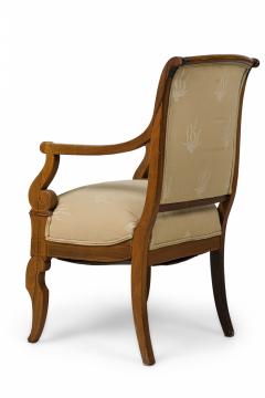 French Charles X Inlaid Mahogany and Walnut Open Armchair in Beige Upholstery - 4169545