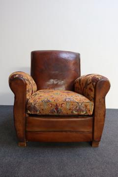 French Deco Club Chair in Leather and Anatolian Turkish Kilim Upholstery - 3942857