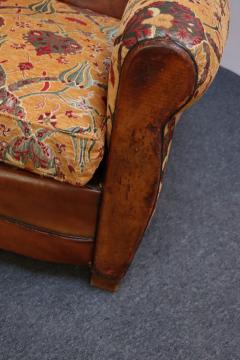 French Deco Club Chair in Leather and Anatolian Turkish Kilim Upholstery - 3942863