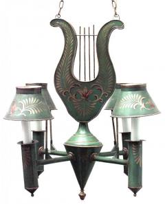 French Directoire Style Green Tole and Gilt Lyre Chandelier - 4655759