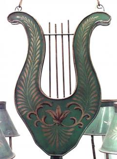French Directoire Style Green Tole and Gilt Lyre Chandelier - 4655760