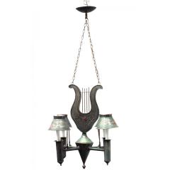 French Directoire Style Green Tole and Gilt Lyre Chandelier - 4708516
