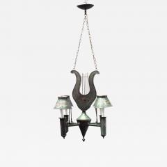 French Directoire Style Green Tole and Gilt Lyre Chandelier - 4708563