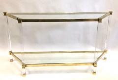 French Double Level Lucite Brass and Glass Trapezoid Form Console Sofa Table - 1695608