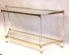 French Double Level Lucite Brass and Glass Trapezoid Form Console Sofa Table - 1695609