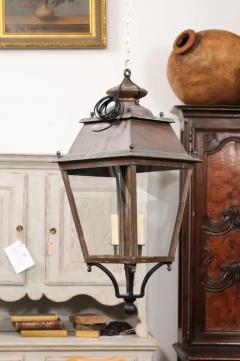 French Four Light Glass and Copper Lanterns with Patina US Wired and Sold Each - 3599307