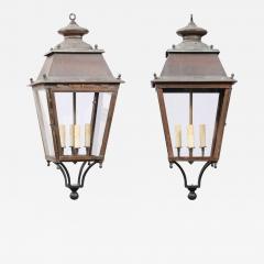 French Four Light Glass and Copper Lanterns with Patina US Wired and Sold Each - 3603473