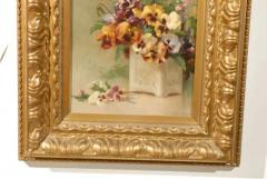 French Framed Oil on Board Still Life Painting Depicting Pansies 19th Century - 3415155