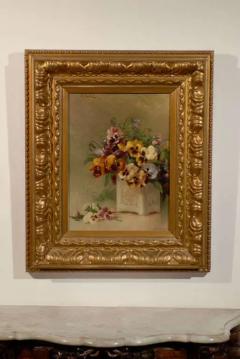 French Framed Oil on Board Still Life Painting Depicting Pansies 19th Century - 3415177