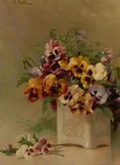 French Framed Oil on Board Still Life Painting Depicting Pansies 19th Century - 3430412