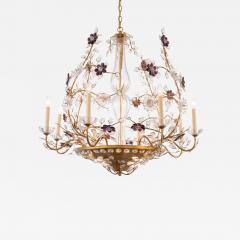 French Gilt Clear Amethyst Floral Crystal Chandelier 1940s - 4812335