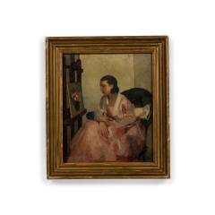 French Impressionist portrait of a young lady studying a still life painting by - 4630148