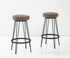 French Industrial Wrought Iron Counter Stools with Nubuck Upholstery - 3087596