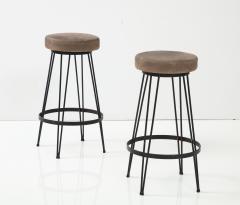 French Industrial Wrought Iron Counter Stools with Nubuck Upholstery - 3087598