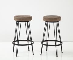 French Industrial Wrought Iron Counter Stools with Nubuck Upholstery - 3087601