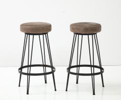 French Industrial Wrought Iron Counter Stools with Nubuck Upholstery - 3087603