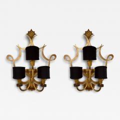 French Large Pair of Three Armed Bronze Wall Lights circa 1940 - 4243536