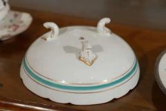 French Limoges Porcelain Bowl with Green Bouquet of Roses and Underplate - 3415351