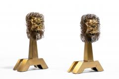 French Lions Brass Brutalist Fireplace Andirons Chenets c 1960s - 4349534