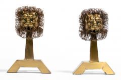 French Lions Brass Brutalist Fireplace Andirons Chenets c 1960s - 4349540