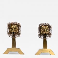 French Lions Brass Brutalist Fireplace Andirons Chenets c 1960s - 4351538