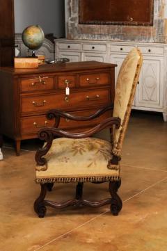 French Louis XIV Style Walnut Fauteuil with Carved Arms and Scrolling Legs - 3555969