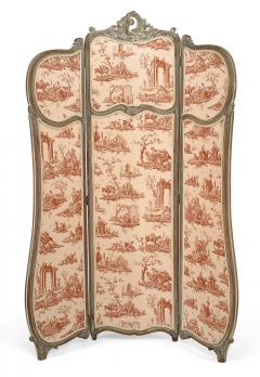 French Louis XV Style 3 Fold Screen with Toile Upholstered Panels - 4652730