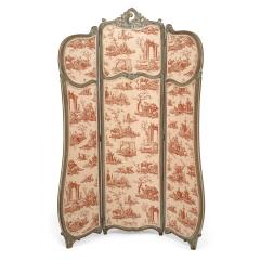 French Louis XV Style 3 Fold Screen with Toile Upholstered Panels - 4652735